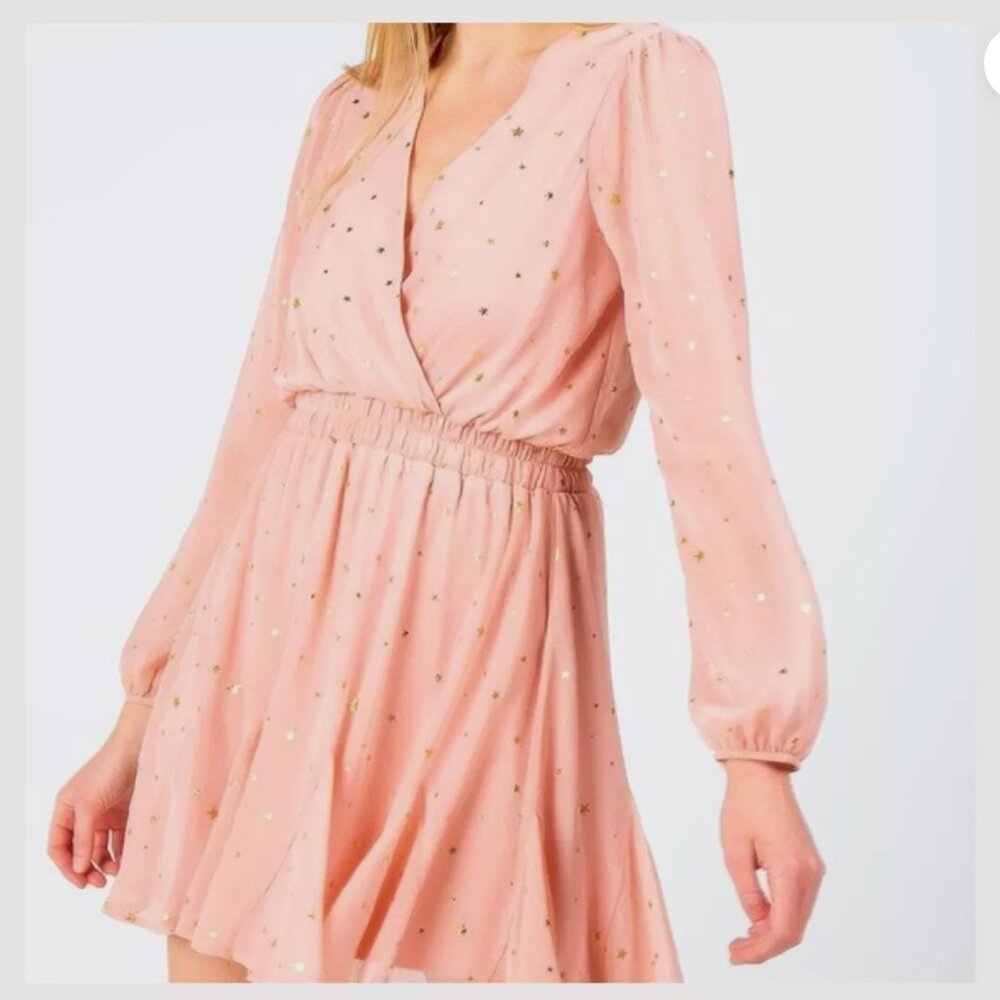 NWT Francesca’s Kailynn Gold Star Godet Pink Dress Medium Dusty Pink Rose Gold